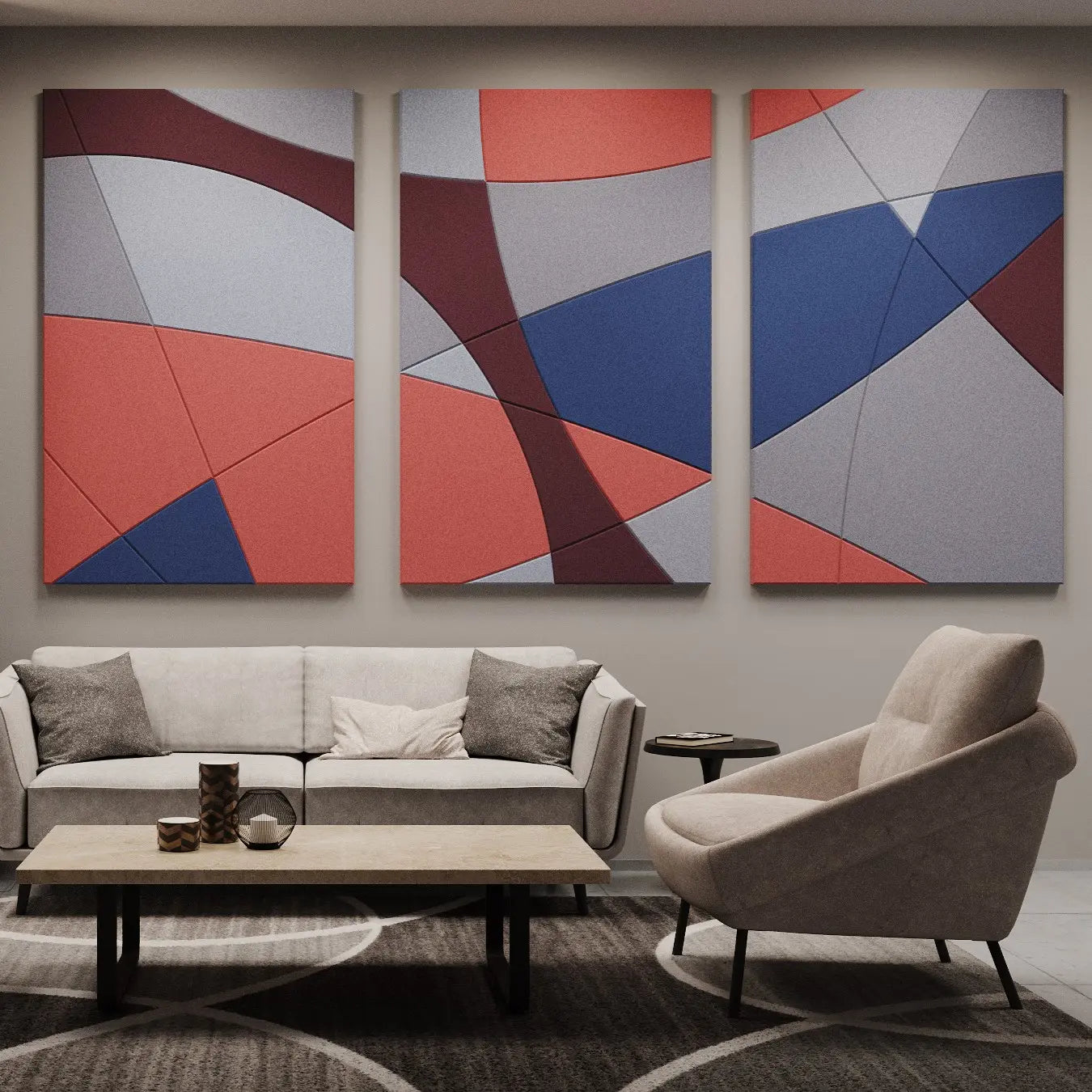 Acoustic Wall Art Panels FUSION 5 in cozy living room interior DecorMania UK